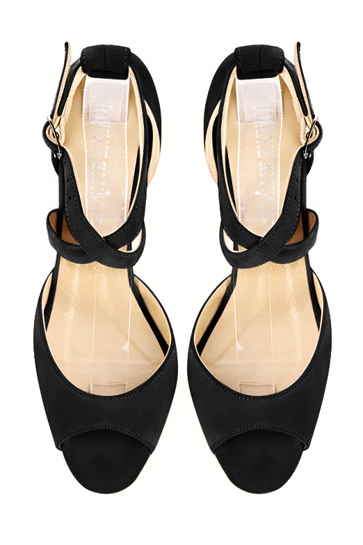 Matt black women's closed back sandals, with crossed straps. Square toe. Medium comma heels. Top view - Florence KOOIJMAN